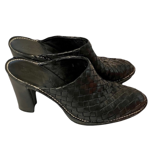 Donald Pliner Black Woven Leather Busy Heeled Platform Mule Clog Bootie Shoes - Picture 15 of 16